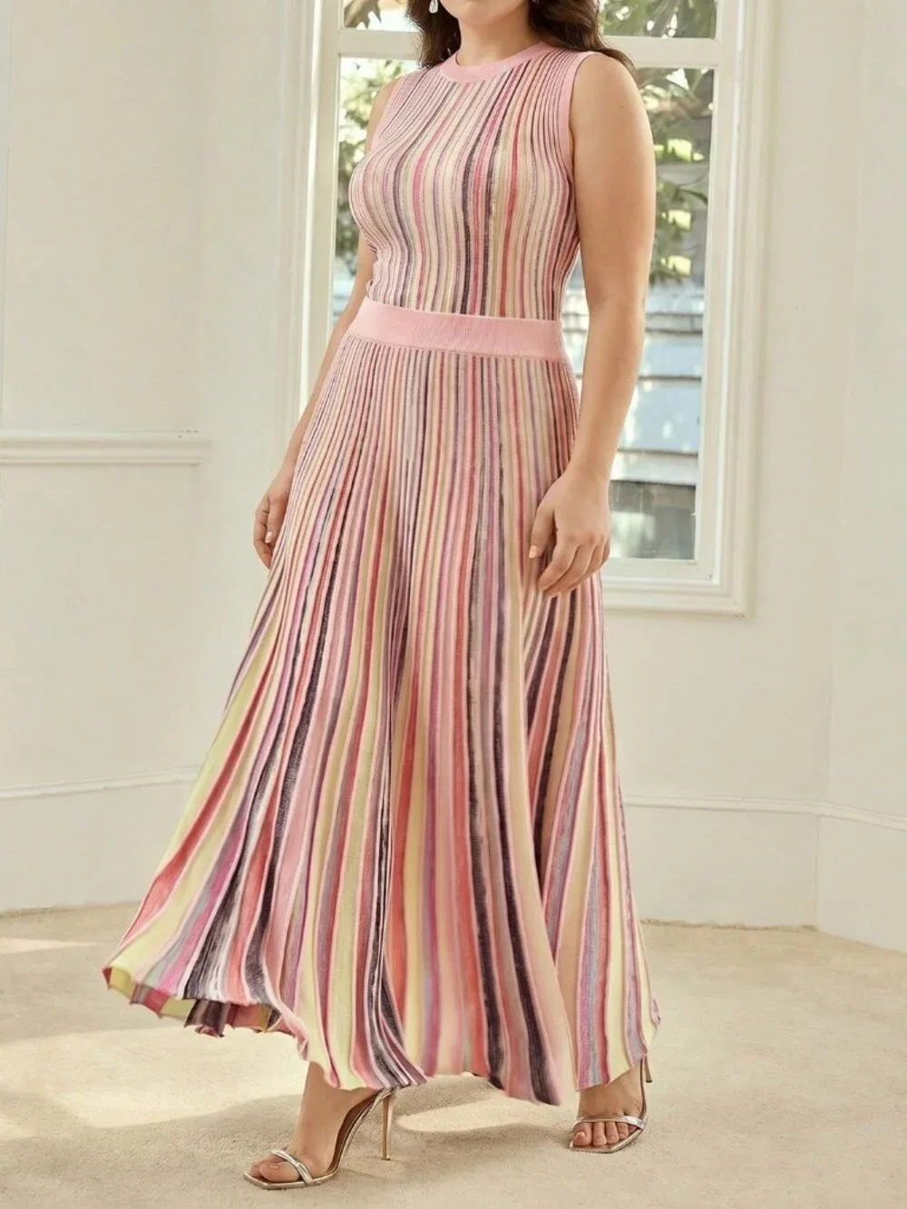 Pink Casual Women's Plus Size Contrast Striped Sweater Vest